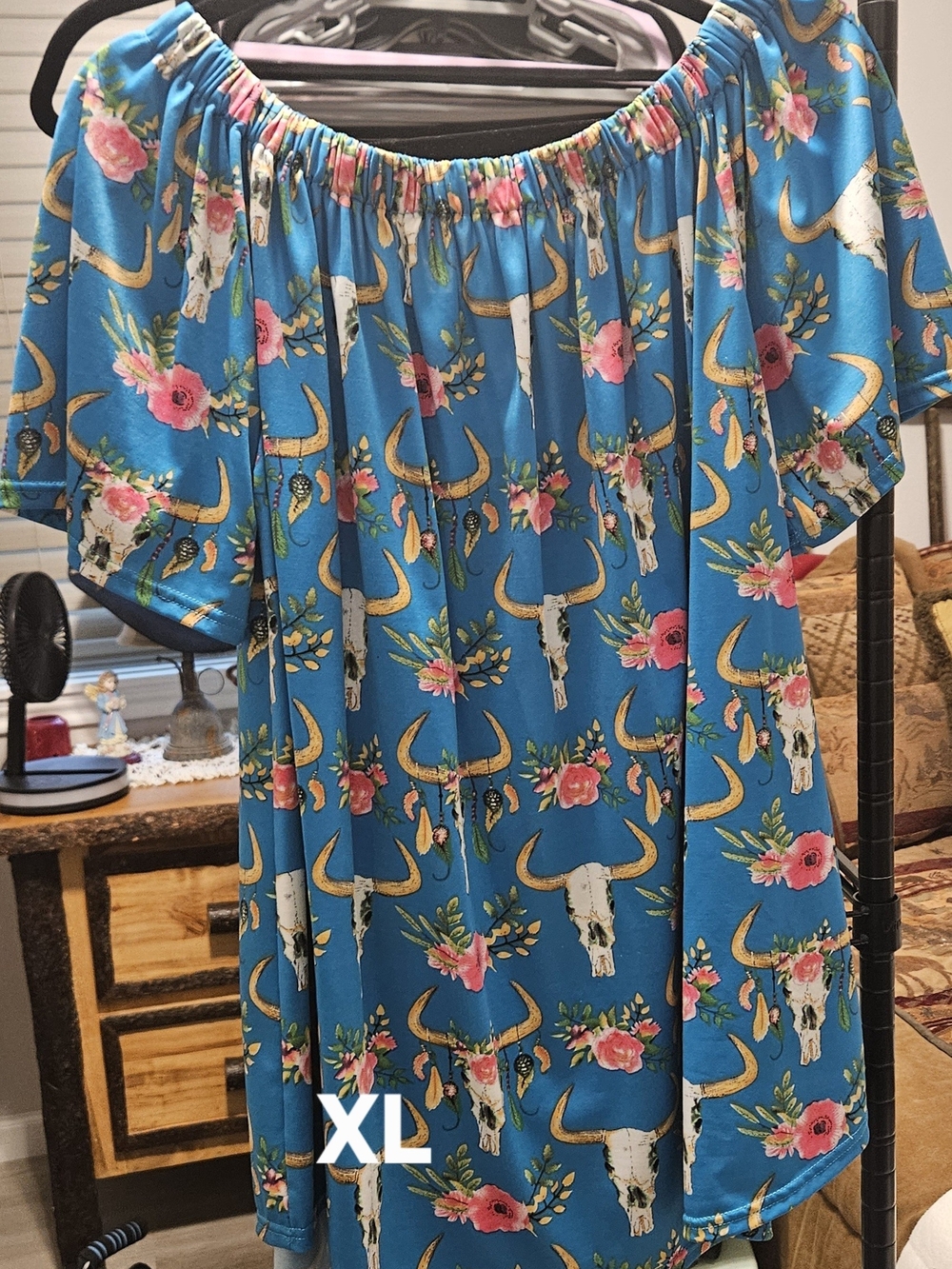 Blue Floral Longhorn Off-Shoulder Top